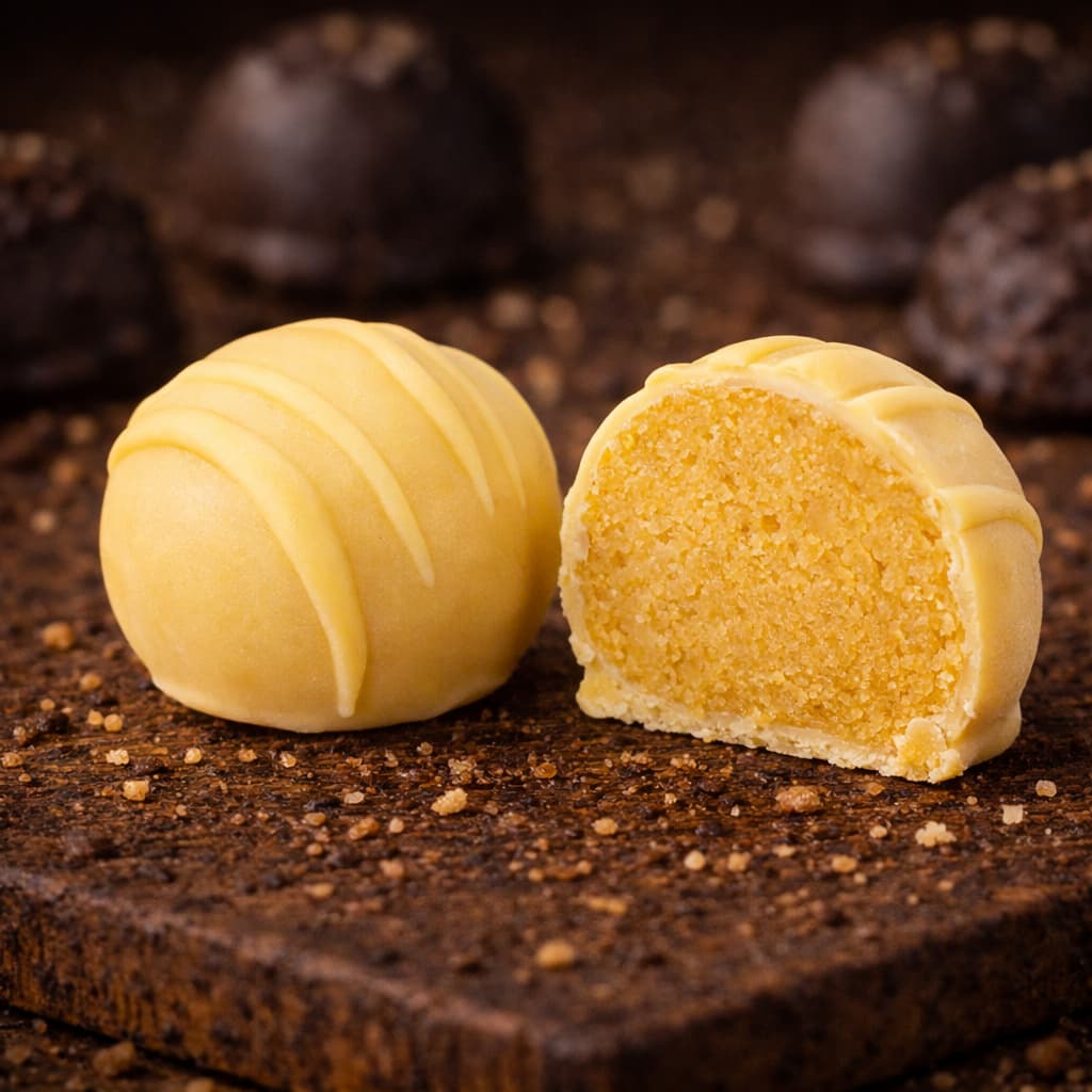 A vanília és a tejszínhab lágy íze marcipánba keverve, sárga csokoládéba mártva.